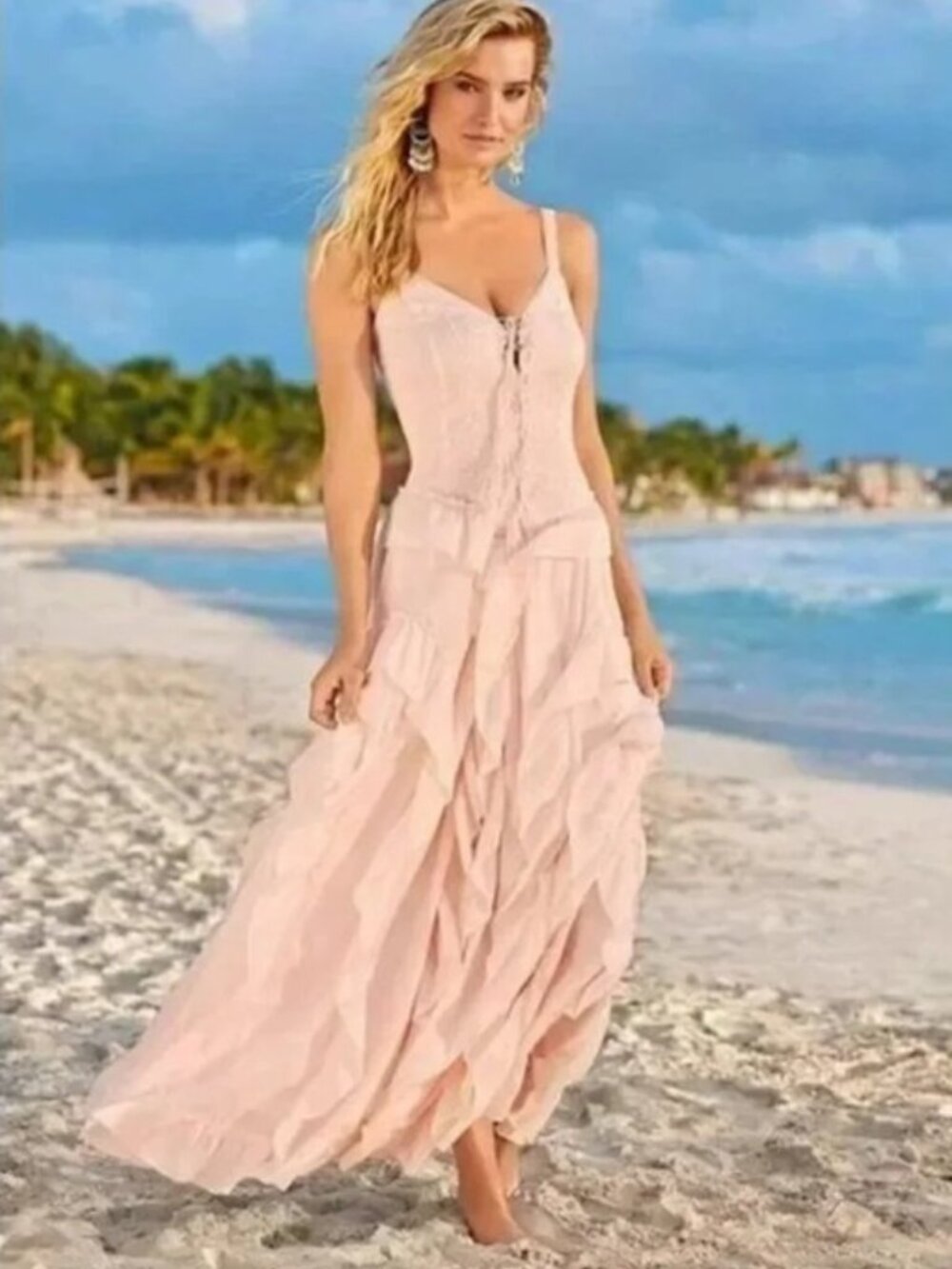 Lace Up Ruffle Maxi Dress